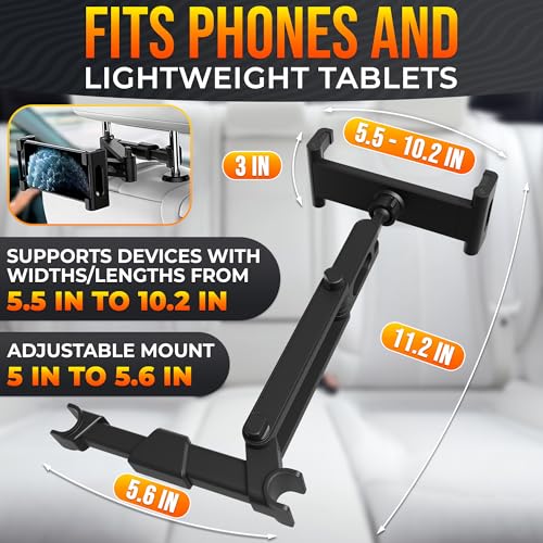 Car Headrest Tablet Holder for 5.5"-11" Devices - Tablet Headrest Mount with 360° Rotation & Charging Port Access - Quick Install & Adjustable Car Tablet Holder Сompatible with Smartphones and Tablets