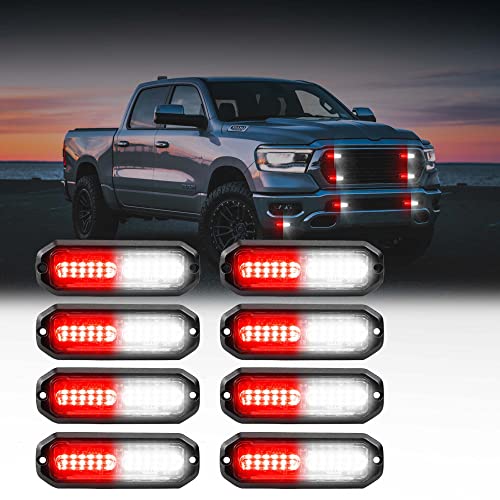 WINECO 12 Led POV Emergency Fire Strobe Lights, Red White Firefighter Surface Mount Grille Grill Warning Flashing Light Caution Construction Hazard Light Bar for Trucks Vehicles - color: Red White