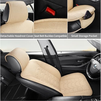 Linen Car Seat Covers Breathable Cloth Fabric Front Seat Protectors Automotive seat Covers Universal Fit for Most Cars Vans SUVs and Trucks（Beige，2PCS） - color: BEIGE