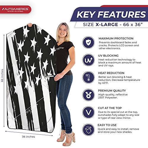Autoamerics Truck Windshield Sun Shade with Storage Pouch & Anti-Slip Dash Pad - Foldable B&W Art USA Flag Design - Fits Most SUVs & Trucks - Block UV Rays and Keeps Vehicle Cool | XL (66 x 36 inches) - color: USA B&W ART FLAG, size: X-LARGE = 66 x 36 inc