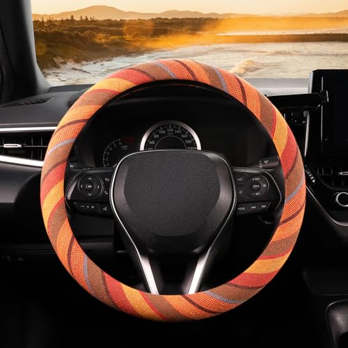 SEG Direct Boho Steering Wheel Cover with Baja Blanket Cloth, Ethnic Style Auto Wheel Cover Made of Coarse Flax, Fits 14 1/2-15 1/4 inches Car Wheel - color: Saturn Yellow