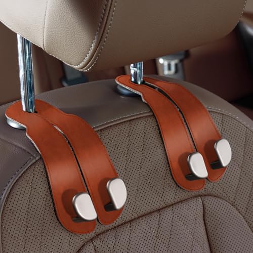 CoBak Purse Hook for Car - Universal Premium Stitched Leather and Aluminum-Magnesium Alloy Double Car Seat Back Storage Hook for Purses, Handbags, Bags (2 Pack),Russet Brown - color: Russet Brown, size: Double-Hooks