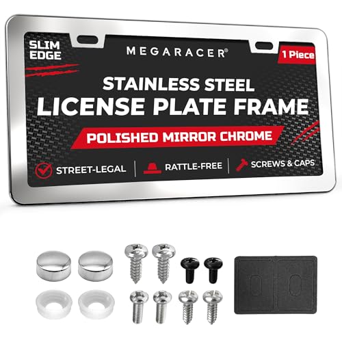 Polished Mirror Chrome Silver Thin License Plate Frame – 1 Piece, Car Wash Proof Stainless Steel, Rust-Free, Rattle-Free, Street Legal, Slim 2 Hole with Screw Caps, Metal Front or Rear Car Tag Holder - color: Mirror Chrome, size: 1 Piece