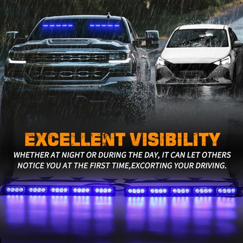 XRIDONSEN 2x 17 inch Blue Emergency Lights Bar 40 LED Dash Strobe Lights Interior Front/Rear Windshield Lights Safety Flashing Warning Hazard Light for Ambulance Firefighter Police Vehicles Trucks Car - color: Blue