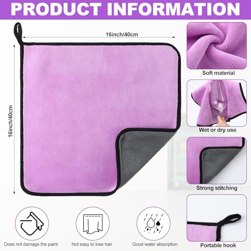 Tallew 12 Pcs Microfiber Towels for Cars, 800 GSM Plush Drying Cleaning Cloth Bulk, 16 x 16 Inch Thick Absorbent Wash Detailing Towels for Car Polishing, House, Kitchen Cleaning(Purple) - color: Purple