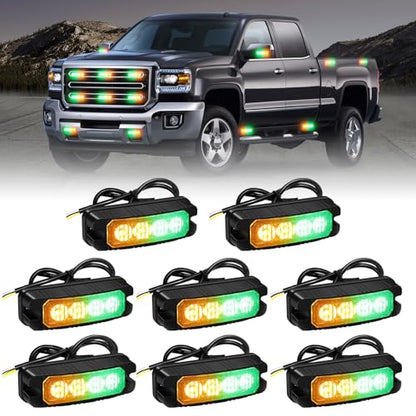 XRIDONSEN 8PCS Sync Truck Grill Strobe Lights 32 LED Amber Green Emergency Lights Grille Surface Mount Strobe Flashing Warning hazard Caution Safety Light for Tow Plow Trucks Construction Vehicles Car - color: Amber/Green