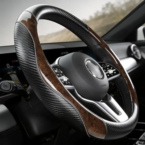 Wood Grain Steering Wheel Cover Carbon Car Steering Wheel Covers 14 1/2-15 inch with Coasters Microfiber Leather Splicing Breathable Anti-Slip Durable Universal Steering Wheel Protective - color: carbone