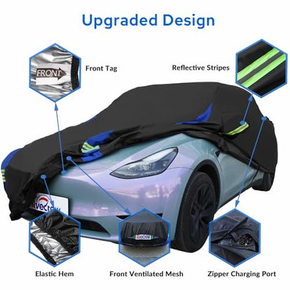 Avecrew Car Cover for Tesla Model Y, Custom Fit Full Exterior Cover with Charging Port and Breathable Ventilation Mesh, Waterproof All Weather Outdoor Rain Snow Sun Protection Cover - size: Fit Tesla Model Y