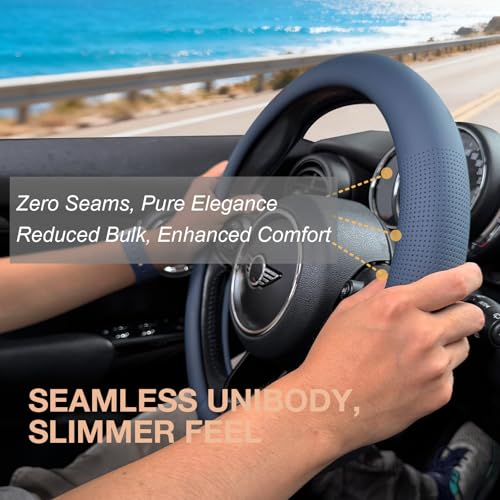 PINCTROT Nappa Leather Steering Wheel Cover, Slim Fit No Bulk Design, One Piece Leather with Breathable Perforation, Fit Like Gloves, Universal 14.5-15 Inch(Nappa Smoky Blue) - color: 03.Smoky Blue, size: Medium(Standard) Size[14 1/2''-15'']