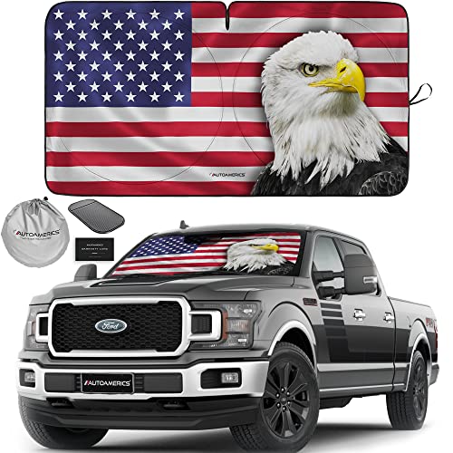 Autoamerics Truck Windshield Sun Shade with Storage Pouch & Anti-Slip Dash Pad - Foldable American Eagle Flag Design - Fits Most SUVs & Trucks - Blocks UV Rays, Keeps Car Cool | X-Large (66 x 36 in) - color: USA EAGLE FLAG, size: X-LARGE = 66 x 36 inches