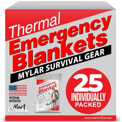 Mart Cobra Emergency Blanket 25-Pack Space Mylar Blankets Survival Gear and Supplies Reusable Thermal Camping Essentials Hiking First Aid Car Emergency Kit Prepper Foil Bug Out Bag Warm Cat Cold Snow - size: 25 Pack