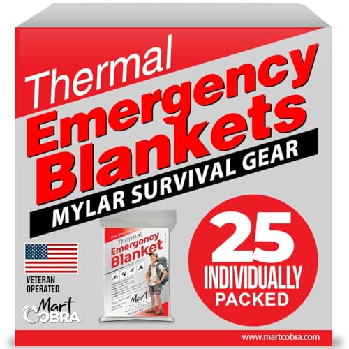 Mart Cobra Emergency Blanket 25-Pack Space Mylar Blankets Survival Gear and Supplies Reusable Thermal Camping Essentials Hiking First Aid Car Emergency Kit Prepper Foil Bug Out Bag Warm Cat Cold Snow - size: 25 Pack