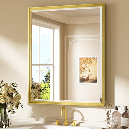 Keonjinn 30" x 36" Gold Bathroom Mirror, Beveled Edge Tempered Glass, Decorative Aluminum Alloy Frame, Rustproof, Modern Farmhouse Style, Rectangle Brushed Gold Vanity Wall Mirrors with Square Corner - color: Gold, size: 36"L x 30"W