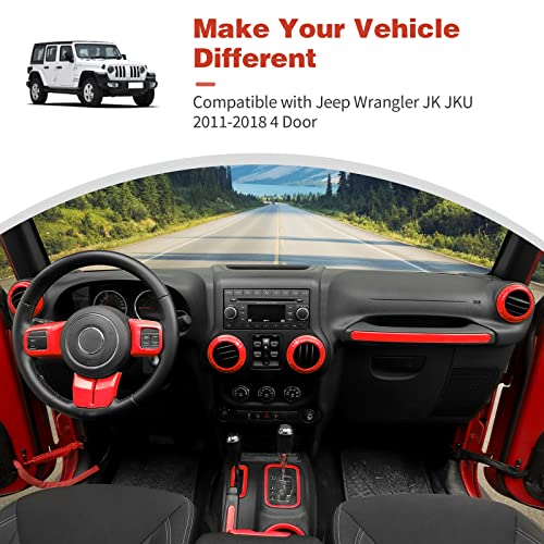 CheroCar 18PCS Interior Trim Kit for Jeep Wrangler JK JKU 2011-2018 4 Door,Steering Button Frame, Air Conditioning Vent Trim Cup Holder Cover,Gear Shift Knobs Frame,Red… - color: Red