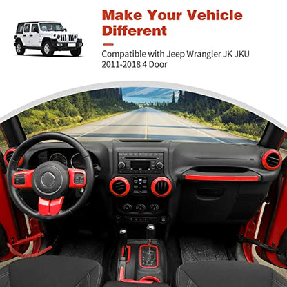 CheroCar 18PCS Interior Trim Kit for Jeep Wrangler JK JKU 2011-2018 4 Door,Steering Button Frame, Air Conditioning Vent Trim Cup Holder Cover,Gear Shift Knobs Frame,Red… - color: Red