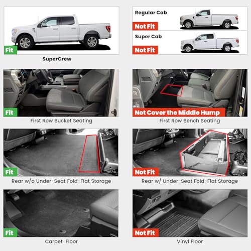 LASFIT Floor Mats for Ford F-150 2015-2026 | F150 Lightning 2022-2025 SuperCrew (Rear w/o Fold Flat Storage) Carpet Floor All Weather Protector TPE Truck Liners- 1st & 2nd Row, 3pcs Black - style: 1) F-150 SuperCrew| 15-26 | 2Rows w/o FF Storage