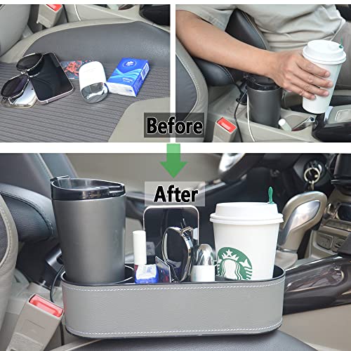 Car Cup Holder Expander Organizer,Multifunctional Cup Drink Holders with PU Leather Cover,Side Insert Center Console Seat Gap Filler Storage Box for Mug Bottle CellPhones Coffee Coasters Cards - color: Thin Grey