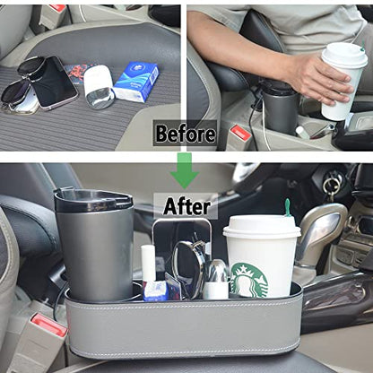 Car Cup Holder Expander Organizer,Multifunctional Cup Drink Holders with PU Leather Cover,Side Insert Center Console Seat Gap Filler Storage Box for Mug Bottle CellPhones Coffee Coasters Cards - color: Thin Grey