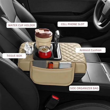5 in 1 Car Center Console Cover, Armrest Pad with 2 Storage Pockets, Cup Holder, Tissue Box Slot, Phone Holder, Universal Car Interior Organizer (Beige) - color: Beige