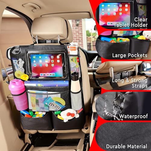 Trail maker 2 Pack Backseat Car Organizer, Kick Mats Back Seat Protector with Touch Screen Tablet Holder, Back Seat Organizer for Kids, Travel Accessories with 9 Storage Pockets