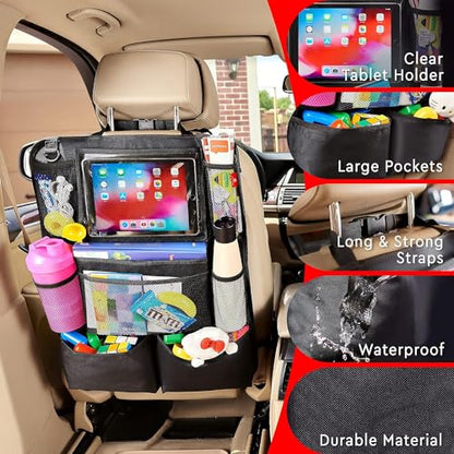 Trail maker 2 Pack Backseat Car Organizer, Kick Mats Back Seat Protector with Touch Screen Tablet Holder, Back Seat Organizer for Kids, Travel Accessories with 9 Storage Pockets