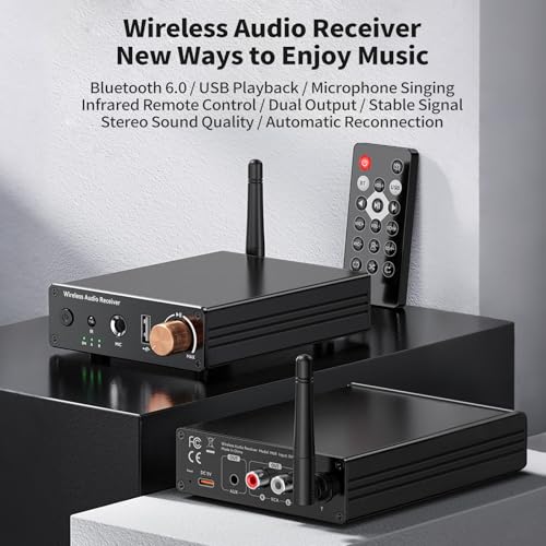 M6R Bluetooth 6.0 Receiver Audio Receivers Support Microphone Singing U Disk Playback Infrared Remote Control Dual Output,for Old Stereo/Speakers/Wired Speakers/Home Audio Music Streaming Etc - color: M6R