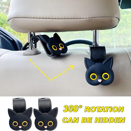 Car Seat Headrest Hooks,2 Pack Black Cute Cartoon Cat Hook 360° Rotation Heavy Duty Car Purse Hook Hanger for Bags, Coats, Umbrellas, Groceries, Universal Vehicle Fit - color: Black