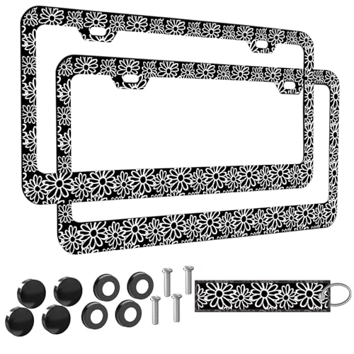 2pcs Vintage Black and White Daisy Floral License Plate Frame for Women, Minimalist Daisy Flower car Decorative tag Frames Girly, Aesthetic Black White Floral License Plate Cover Holder for Vehicle - color: for Black and White Daisies