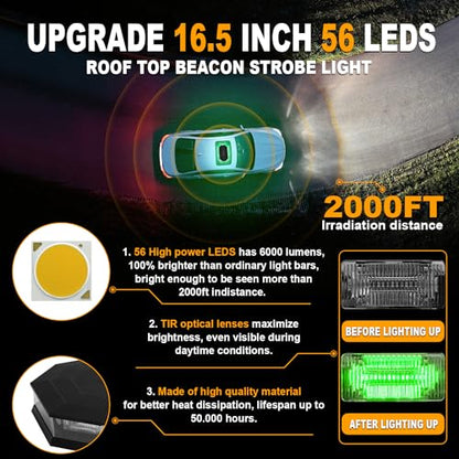 ASPL 16.5 Inch Roof Top Beacon Emergency Strobe Light 56 LED Magnetic Warning Caution lights bar Traffic Hazard Plow Light for Trucks Vehicles Construction Snowplow (Green/White) - color: Green/White