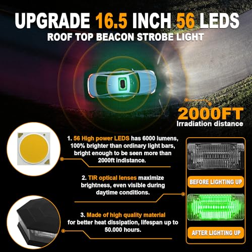 ASPL 16.5 Inch Roof Top Beacon Emergency Strobe Light with Controller 56 LED Magnetic Warning Caution lights bar Traffic Hazard Plow Light for Trucks Vehicles Construction Snowplow (Green/White) - color: Green/White