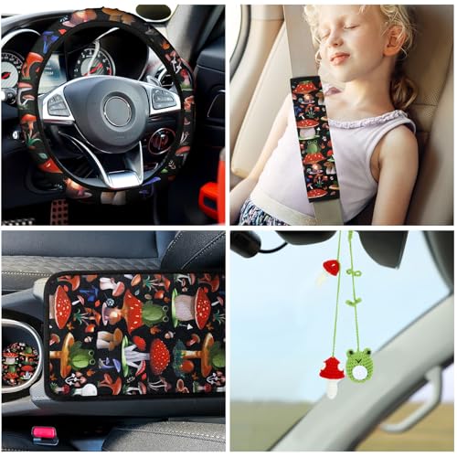 Riakrum 17 Pcs Mushroom Car Seat Covers Mushroom Car Accessories Full Set for Women Men Automotive Rear Front Seat Protector View Mirror Hanging Ornament Steer Wheel Belt Cover(Mushrooms and Frogs) - style: Mushrooms and Frogs