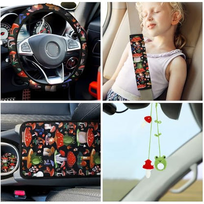 Riakrum 17 Pcs Mushroom Car Seat Covers Mushroom Car Accessories Full Set for Women Men Automotive Rear Front Seat Protector View Mirror Hanging Ornament Steer Wheel Belt Cover(Mushrooms and Frogs) - style: Mushrooms and Frogs