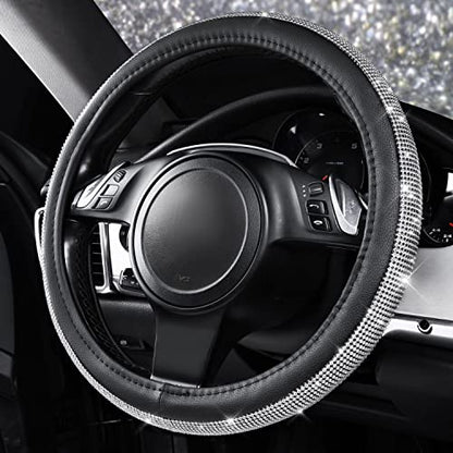 CAR PASS Bling Diamond Leather Steering Wheel Cover, with Bling Sparkly Crystal Glitter Rhinestones Universal Fit 14.5in-15in Car Wheel Protector for Women Girl Fit Suvs,Vans,Sedans,Car,Trucks, Silver - color: Silver Diamond