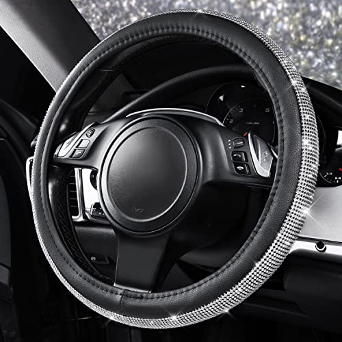 CAR PASS Bling Silver Diamond Leather Steering Wheel Cover, with Sparkly Crystal Glitter Rhinestone Universal Fit 13" 1/2-14" Small Car Wheel Protector for Women Girl Fit Car,SUV,Van,Sedan, Silver - color: Silver Diamond Leather Small