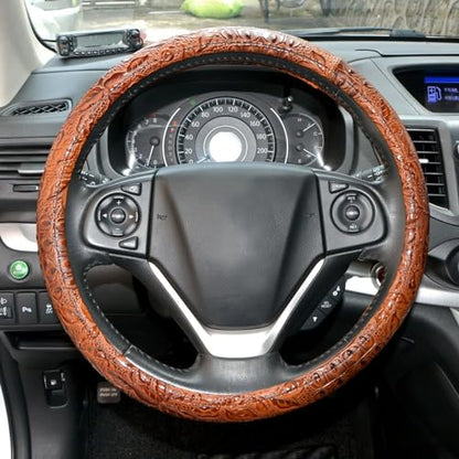 Car Steering Wheel Cover Universal 15 inch Auto Antislip Leather Protector Flower Grain Brown - color: Brown