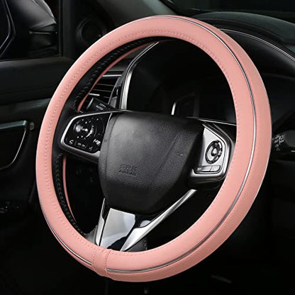 ALEMODR Pink Leather Steering Wheel Cover Fiber Strip Car Steering Wheel Cover Universal 15 inch for Women Girls - color: Pink