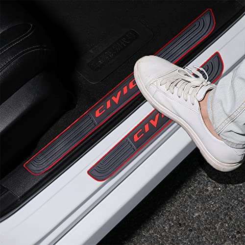 Car Door Sill Plate Protectors - Black Soft Rubber Front/Rear Door Sill Scuff Plate Guard, Door Pedal Protector Stickers fit for Honda Civic - color: Red