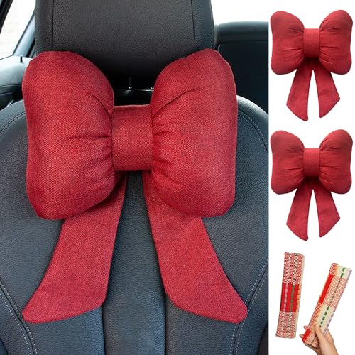 Car Seat Neck Pillow Elegant Bow Car Headrest Pillow Set - Cotton Linen Neck Cushion Universal Fit for Women Comes with 2 Seat Belt Covers (Red Set 4Pcs) - color: Red Set 4pcs