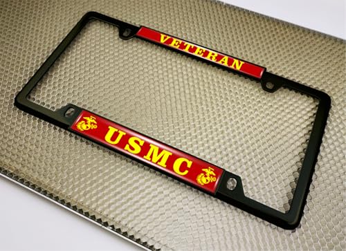 [Officially Licensed US Marine Corps Product] - Veteran USMC with EGA Emblem - Domed Custom-Made Personalized Thin Top 4-Hole Metal Car License Plate Frame with Free caps - Black Frame (Qty: 1) - color: Black - Style 2