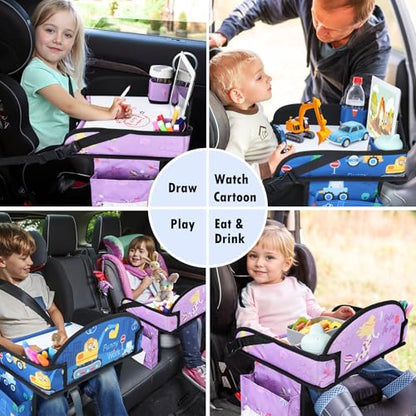 2PCS Kids Travel Tray for Airplane - Toddler Car Seat Table Tray, Road Trip Essentials for Boys & Girls, Carseat Lap Desk for Kids Road Trip Activities (Dark Blue Car/Purple Mermaid) - color: Dark Blue Car/Purple Mermaid--2PCS