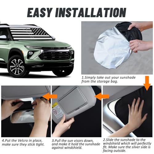 D-Lumina Windshield Sun Shade for 2021-2025 Chevy Trailblazer Accessories, Front Window Sunshade American Flag Sun Visor Protector Block UV Rays Heat, Foldable 2 Layers 210T Material - size: Silver & Black-Fit 2021-2025 Chevy Trailblazer