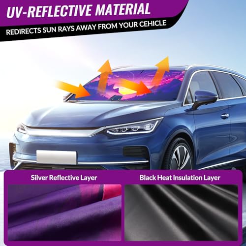 Car Windshield Sun Shade - Reflector Sunshade Offers Ultimate Protection for Car Interior, Cool Reflective Sun Blocker Fits Small Sedans, Mini SUVs - color: Purple sunset