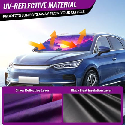 Car Windshield Sun Shade - Reflector Sunshade Offers Ultimate Protection for Car Interior, Cool Reflective Sun Blocker Fits Small Sedans, Mini SUVs - color: Purple sunset