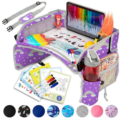 PILLANI Kids Travel Tray for Car - Car Seat Tray for Kids w/ Tablet & Cup Holder - Toddler Travel Activities for Car & Airplane - Road Trip Essentials & Must Haves - Carseat Table Roadtrip Activities - color: Rainbow