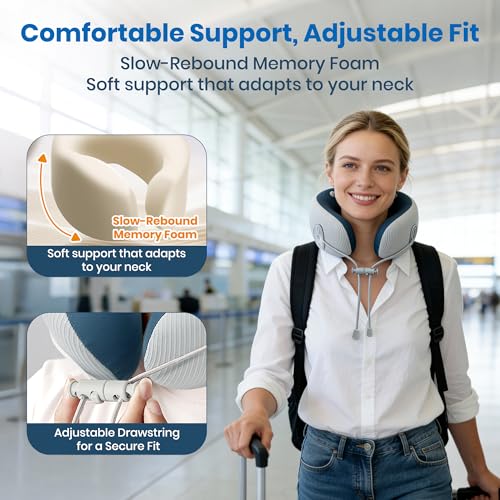 Medicane Neck Travel Pillow with Massage, Neck Pillows with Heat & Gentle Vibration Massage with Ergonomic Foam, Perfect for Airplane, Car, Office, Home, Pain Relief,Sleeping,Traveling,Long Flight - color: Blue