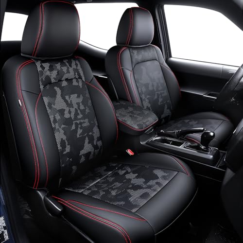 Leather Seat Covers Custom Fit for Tacoma Gen 3rd Double & Crew Cab (2016-2023) - Fully Covered - Fit Like a Glove - Center Console Armrest Covers Included - CamoBlack-Red Stitching - color: ( CamoBlack-Red Stitching ) & Full Set, size: For Tacoma Gen 3rd