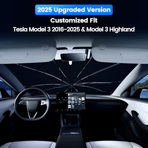 Windshield Sun Shade Umbrella for Tesla Model 3 2016-2026 Highland,Heat Blocking Keep Car Cool,UV Protection Windshield SunShade, Emergency Rain Shield&Dashboard Protector-Thickened Icy Silver - size: For Tesla Model 3 2016-2026-ICY