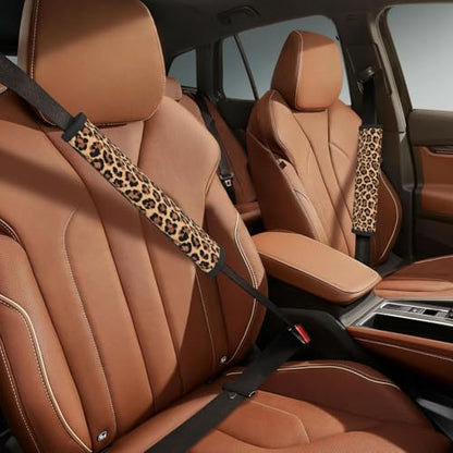 Leopard Print Steering Wheel Cover Elastic Non-Slip Car Steering Wheel Covers with Seat Belt Shoulder Pad for Women Men - color: Leopard Print