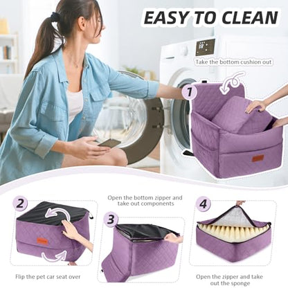 HEGGCOOE Small Dog Car Seat, Memory Foam Dog Booster Seats with Thick Cushion for Medium Dogs Under 35lbs, Detachable Washable Pet Car Seat Bed with Storage Pockets,2 Safety Belts Purple - color: Purple