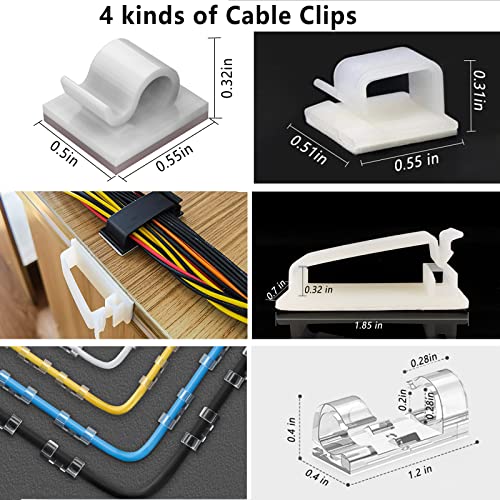 White Cable Management Organizer Kit 4 Cable Sleeve Split,47Cable Clips 12Cord Clips Holder,22 Cable Ties, 20 Adhesive Wall Cable Tie, 200Fasten Cable Ties for TV Electronics - size: 322 PCS